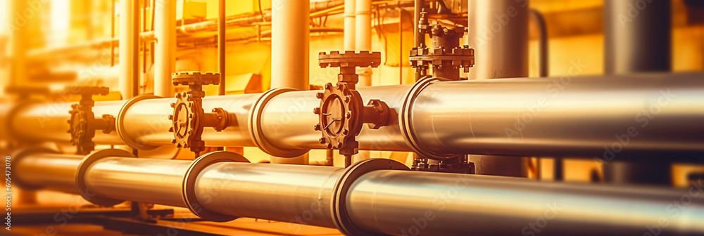 Naklejka premium Oil and gas processing plant with pipe line valves. AI generative