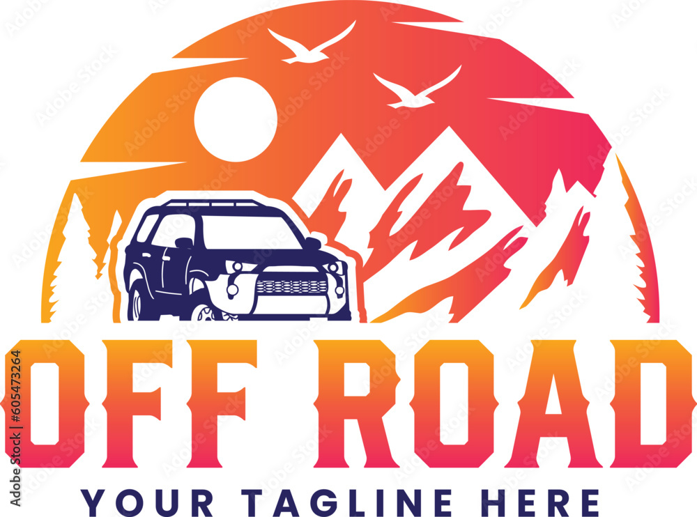 Obraz premium off road logo, adventure logo, mountain logo, mountain sunset, mountain travel, mountain silhouette with off road truck premium logo design vector