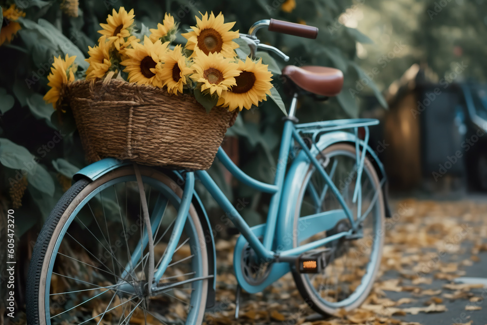 A bicycle with a basket full of sunflowers. Generative AI.
