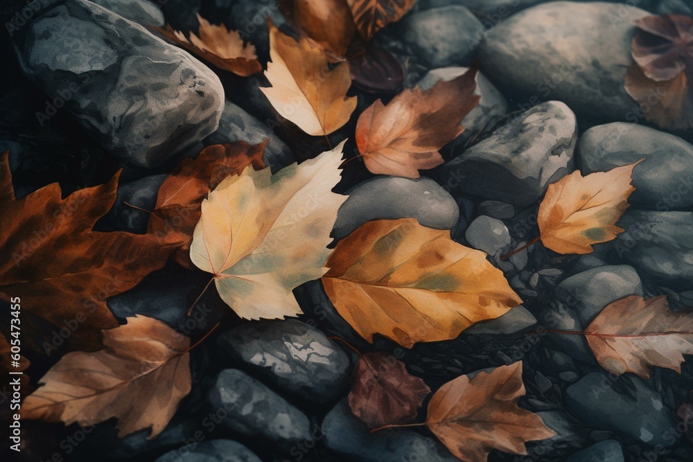 Watercolor of fall leaves with shadowy stones and misty hues. Generative AI