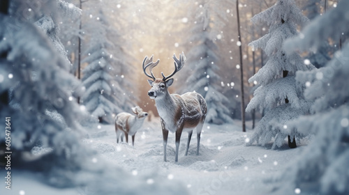 roe deer, snow scene, Long exposure light photography neon octane render of bright blue northern. AI generative © SANGHYUN