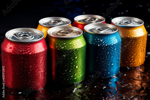 aluminum cans of refreshments, lemonades, and beer with cold water drops. Generative AI