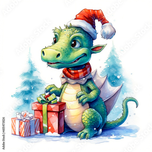 The symbol of the new year 2024 Cute little smiling dragon in a christmas hat ang gift boxes, watercolor Isolated on white background, christmas cartoon illustration. Generative AI