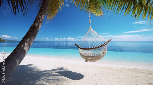 Tropical beach background, summer relax landscape with beach swing or hammock and white sand and calm sea. AI generative