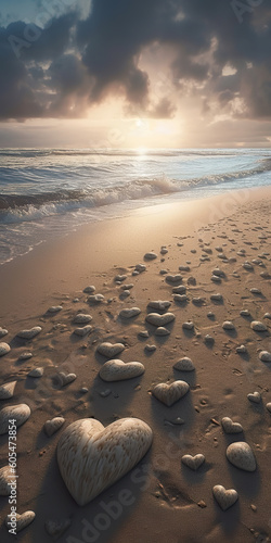 Bunch of rocks sitting on top of a beach. Romantic beach with white sand on the beach. Close up of rocks on a beach near the ocean. Realistic 3D illustration. Generative AI