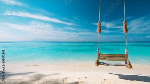 Tropical beach background, summer relax landscape with beach swing or hammock and white sand and calm sea. AI generative