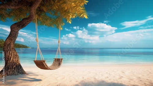 Tropical beach background, summer relax landscape with beach swing or hammock and white sand and calm sea. AI generative