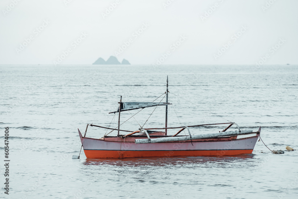 Naklejka premium Puerto Princesa, Palawan, Philipines. Traditional Bangka catamaran boats in a bay in Palawan used by fishermen to go fishing. Silver sea, dusk, almost evening.