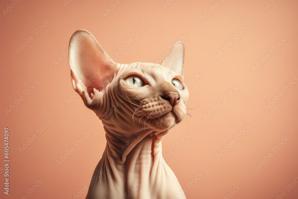 Portrait of sphinx cat isolated on pastel orange background with copy space. Template banner for cats veterinary clinic. Cute bald Egyptian cat. Generative AI photo imitation.