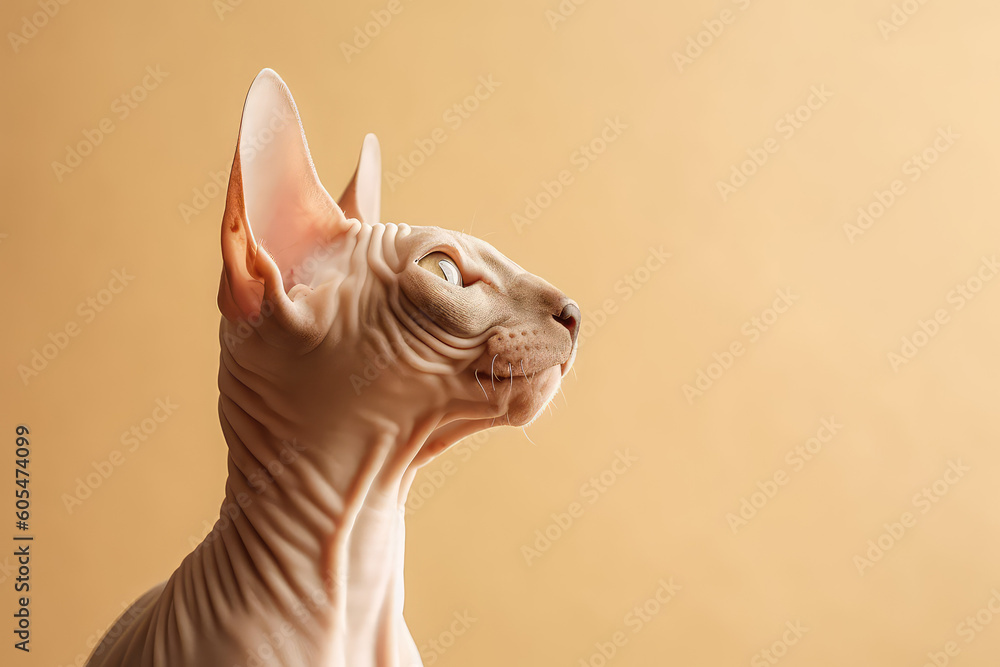 Portrait of sphinx cat isolated on pastel orange background with copy space. Banner of pet store, pet products, veterinary clinic. Cute bald Egyptian cat. Generative AI photo imitation.