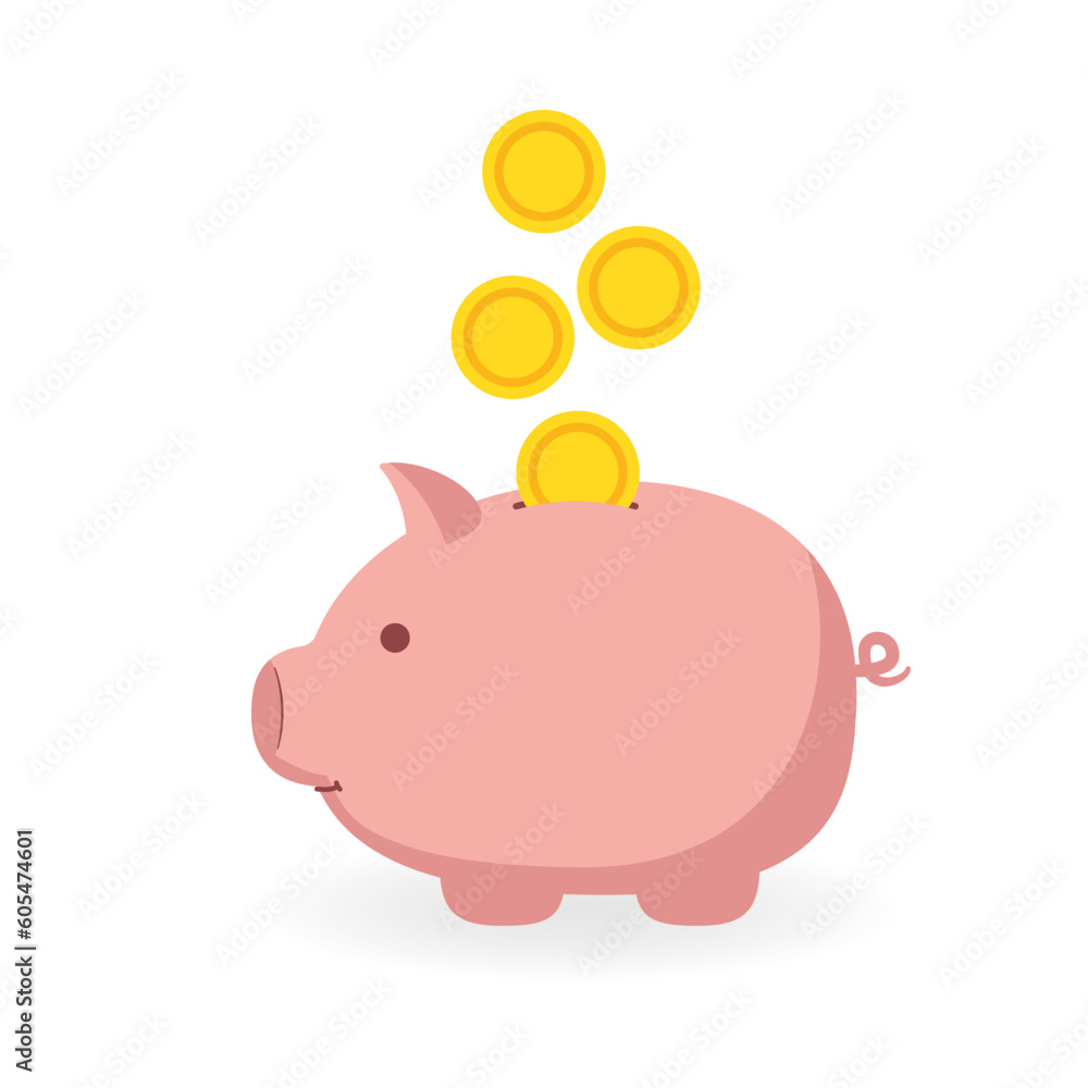 Obraz premium Pink piggy bank with falling coins. Concept of money saving or accumulation, investment and personal finance depositing.