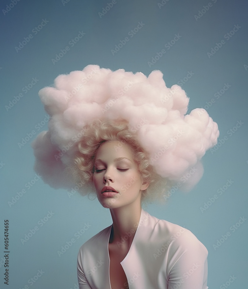 Beautiful woman with clouds on her head. AI generated image.