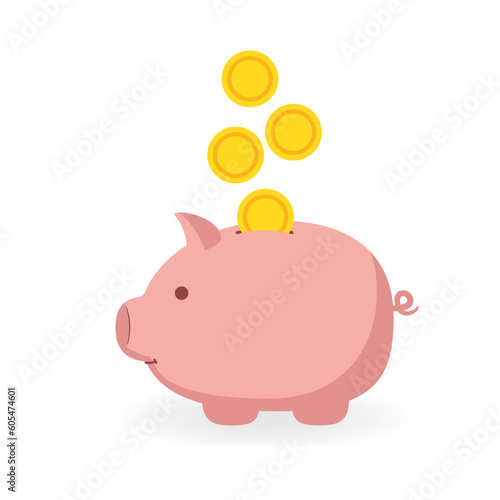 Pink piggy bank with falling coins. Concept of money saving or accumulation, investment and personal finance depositing.