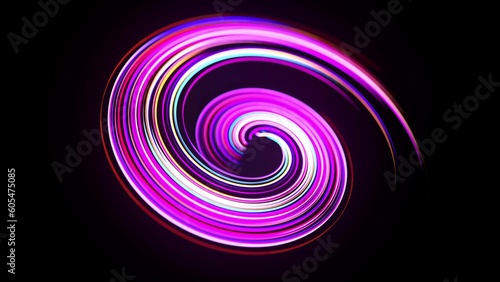 Motion graphics, sci-fi bg. Stream of multicolor neon lines form spiral shape, curls and pattern. Abstract background with light trails, Modern trendy motion design bg. Light flow bg. 3d render