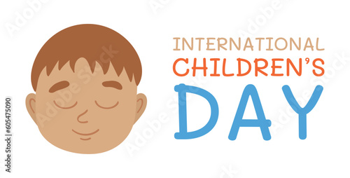 International Children day with the head of a boy with swarthy skin. Smiling tanned boy with closed eyes. Brown hair. Little baby. Postcard for the holiday. Vector illustration.