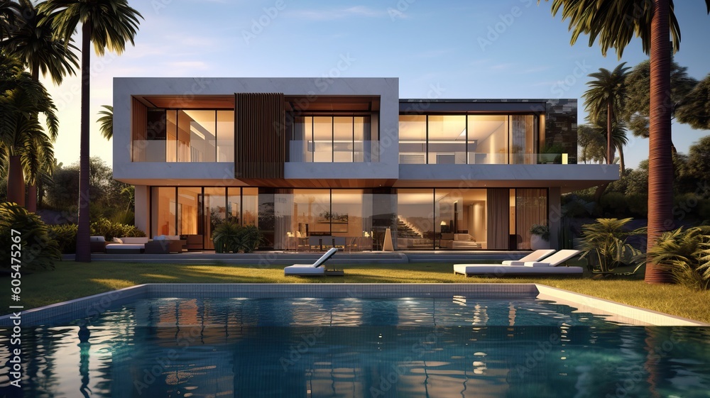 Amazing modern luxury home with garden and pool, generative ai