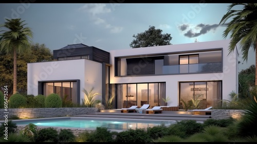 Amazing modern luxury home with garden and pool, generative ai