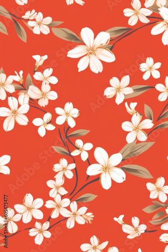 Vector illustration of a pattern white flowers over a light red background. AI generative © SANGHYUN