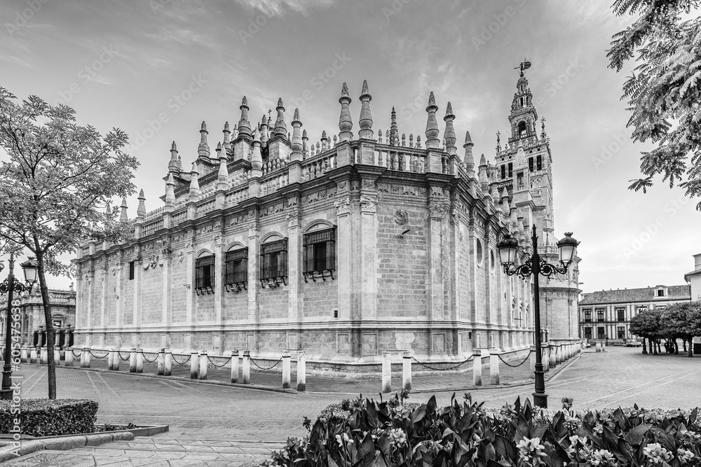 Seville, Andalusia, Spain: Wide angle view of the cathedral of Seville, The Cathedral of Saint Mary of the See in black and white