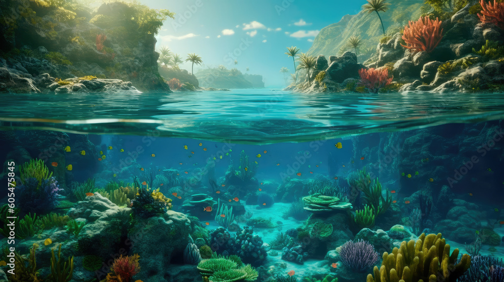Under the water is a very detailed tide and a coral reef, above the water is a beautiful tropical island with large palm trees. Generative AI