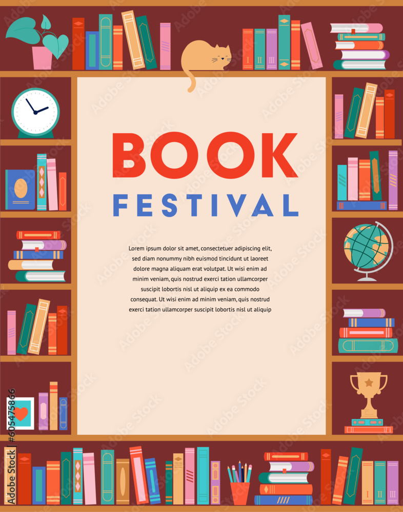 Bookshelf concept illustration. A lot of books on the shelf, clock, cat, plant and globe Bookshelf concept illustration. A lot of books on the shelf, clock, cat, plant and globe