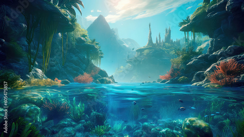 Under the water is a very detailed tide and a coral reef, above the water is a beautiful tropical island with large palm trees. Generative AI