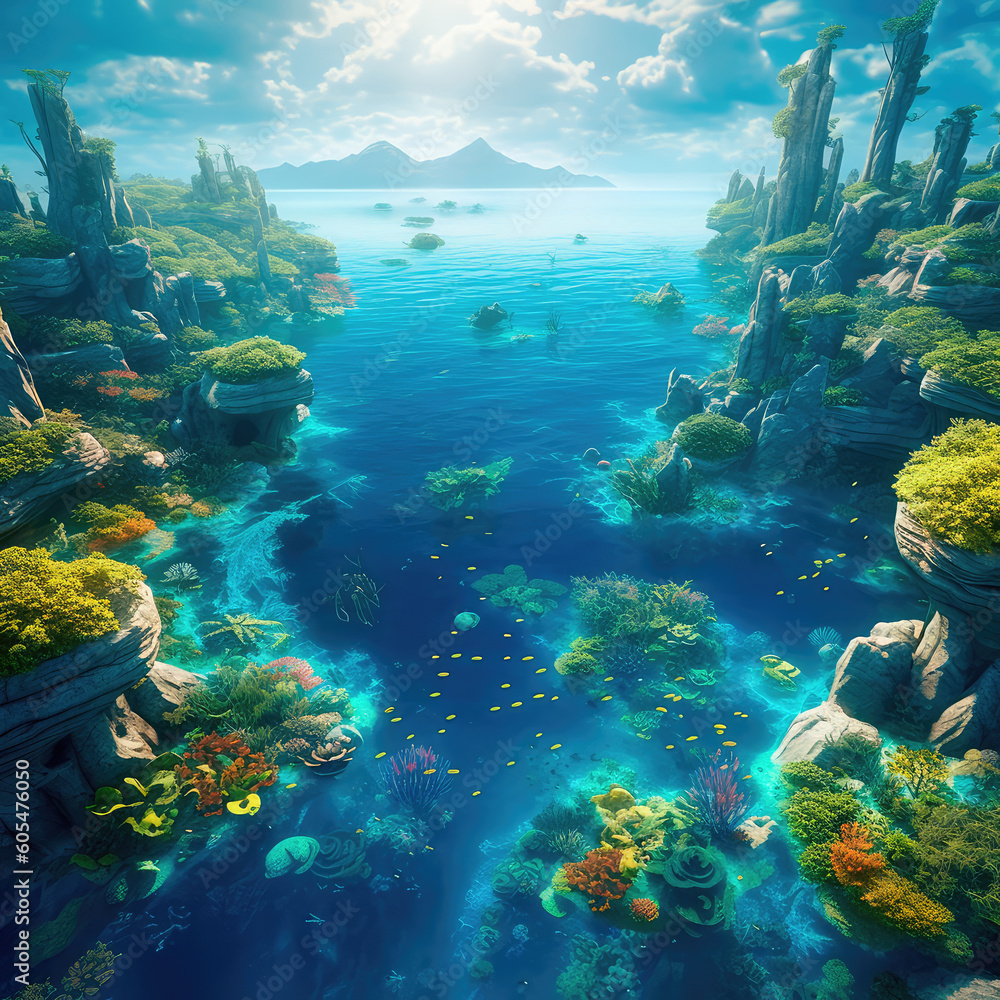 Under the water is a very detailed tide and a coral reef, above the water is a beautiful tropical island with large palm trees. Generative AI - obrazy, fototapety, plakaty 