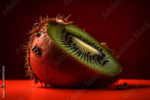 A ripe kiwi half on a red background. Generative AI