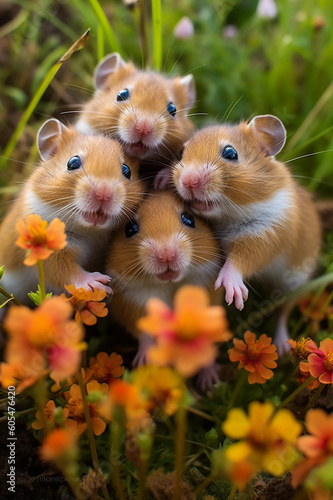 Happy Hamsters Huddled Within a Field of Flowers Generative AI