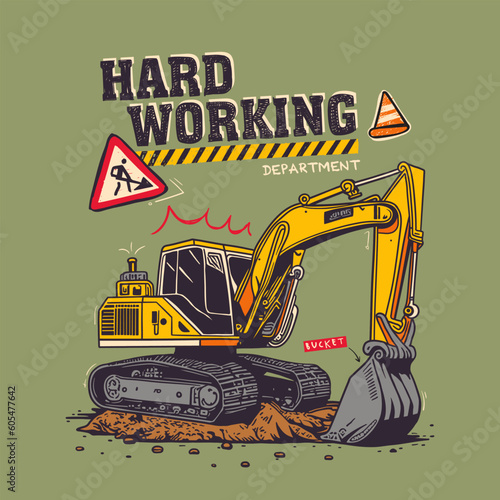 Hard working yellow excavator, construction machines. Vector illustration