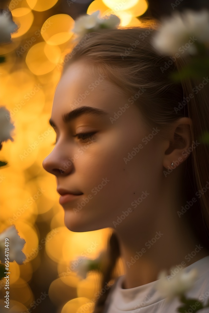 Fototapeta premium Seitliches Portrait einer braunhaarigen jungen Frau vor gelbem Hintergrund (Generative AI, KI)