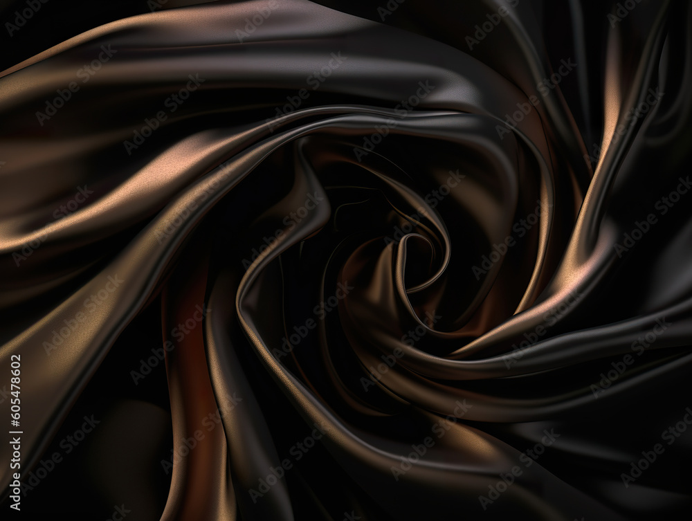 Gold cloth flying in the wind isolated on black background. Silk black fabric with bronze glow whirlwind wind. Wave shining gold and purple angle silk texture creative resource. Generative AI Gold cloth flying in the wind isolated on black background. Silk black fabric with bronze glow whirlwind wind. Wave shining gold and purple angle silk texture creative resource. Generative AI