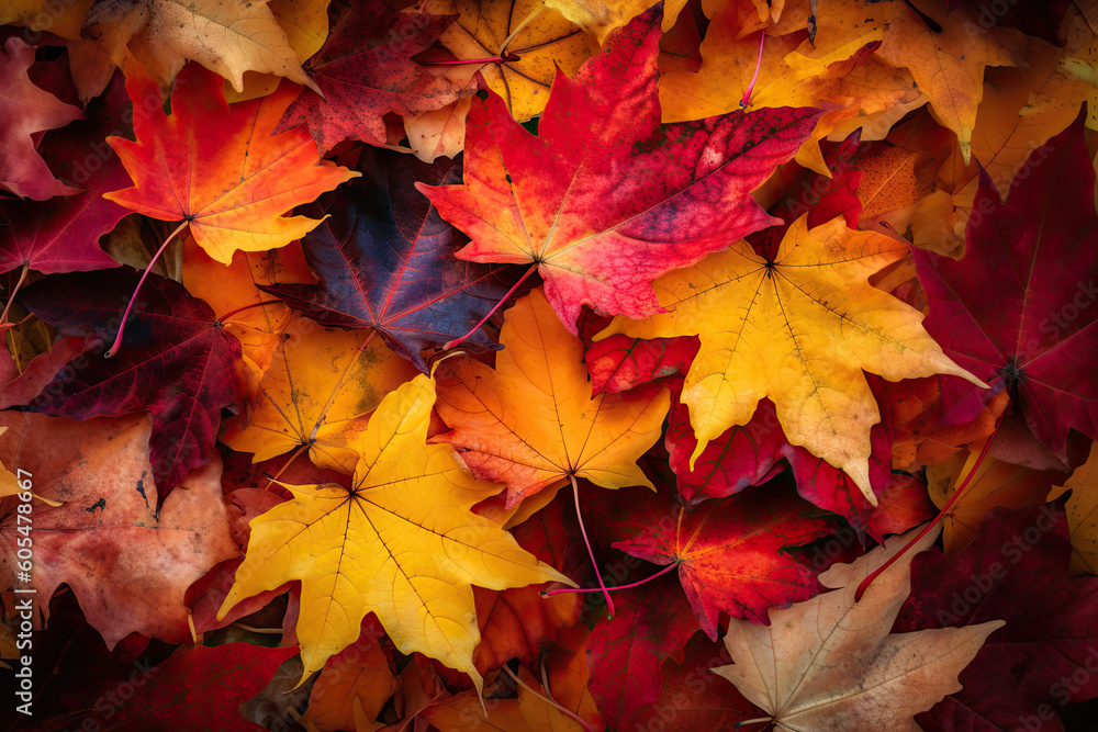 Beauty of autumn with a captivating fall foliage background.  A vibrant palette of red, orange, and yellow leaves, captures the essence of the season's natural splendor.