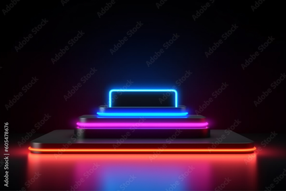 Neon lights on a podium in a dark room with generative ai Neon lights on a podium in a dark room with generative ai