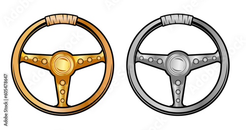 Golden and silver steering wheel vector illustration clip art.