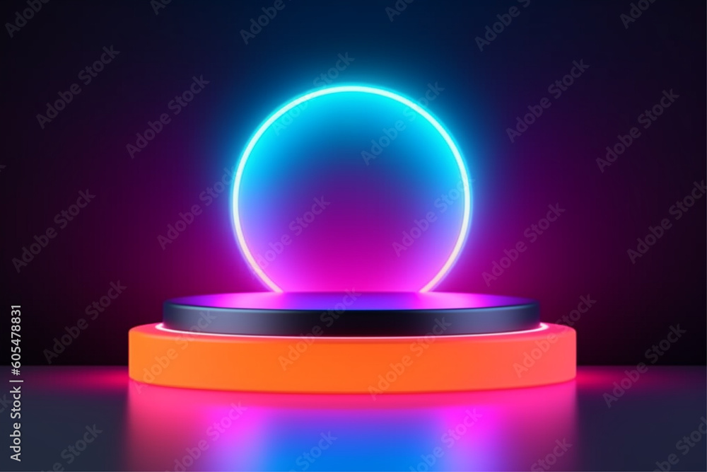Neon lights on a podium in a dark room with generative ai Neon lights on a podium in a dark room with generative ai
