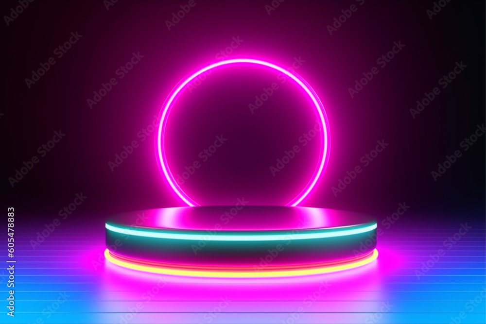 Neon lights on a podium in a dark room with generative ai Neon lights on a podium in a dark room with generative ai