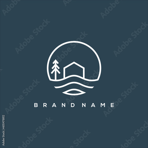 Line art lake house and pine tree logo vector