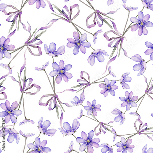 Seamless pattern watercolor spring flowers. Scilla. Coppice, hepatica - first spring flowers. Illustration of delicate lilac flowers. Primroses, the anemones. forest flowers liverwort