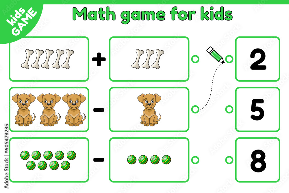 Math kids game for children. Task for training addition and subtraction. Count and choose the answer. Worksheet for preschool and school education. Cartoon dogs, bones and balls. Vector illustration.