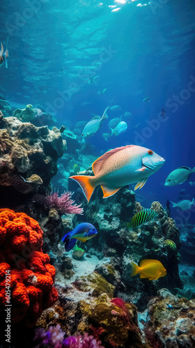 Group of colorful fish and sea animals with colorful coral underwater in ocean. Generative AI