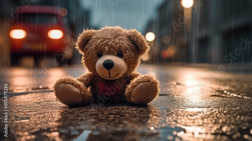 a small bear on a wet slippery road after rain against the background of car headlights. danger on the road.car accident. life and health insurance concept. Generative AI