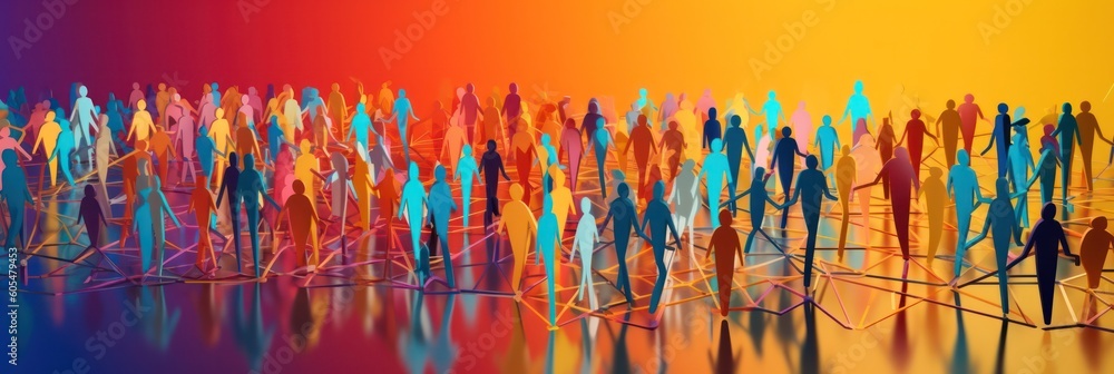A chain of figures of people connected by lines. Cooperation and interaction between people. Dissemination of information in society, contacts, connections. Social contacts. Generative AI - obrazy, fototapety, plakaty 
