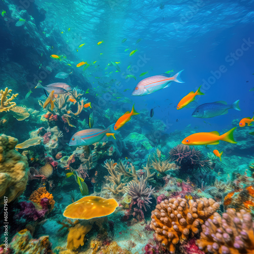 Group of colorful fish and sea animals with colorful coral underwater in ocean. Generative AI © keks20034