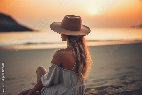A young beautiful girl with a hat is sitting on the hot sand on the beach and looking at the sunrise. Minimal summer romantic scene