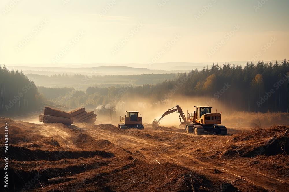 Deforestation, forest being clear-cut with logging machinery. Negative impact on forests, biodiversity loss, habitat destruction, environmental degradation caused by deforestation. AI Generative. Deforestation, forest being clear-cut with logging machinery. Negative impact on forests, biodiversity loss, habitat destruction, environmental degradation caused by deforestation. AI Generative.
