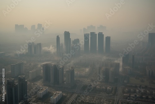Air pollution in a cityscape, capturing a skyline covered in smog or haze, negative effects of air pollution on human health and the environment. Ecology. AI Generative.