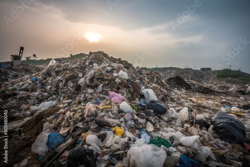 Plastic waste, plastic pollution problem. A landfill overflowing with plastic bottles, bags, and other discarded items. Save planet, ecology, recycling. AI Generative.