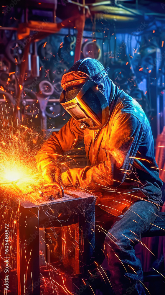 The welder is dressed in appropriate protective equipment for welding, performs the process of welding metal, producing numerous sparks. Generative AI The welder is dressed in appropriate protective equipment for welding, performs the process of welding metal, producing numerous sparks. Generative AI