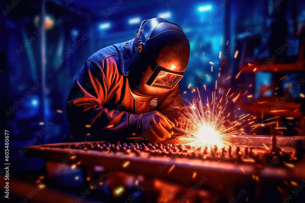 The welder is dressed in appropriate protective equipment for welding, performs the process of welding metal, producing numerous sparks. Generative AI - obrazy, fototapety, plakaty 